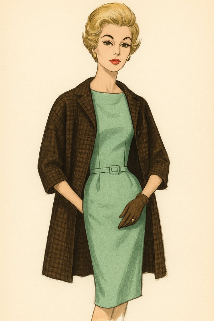 Vintage sewing pattern illustration of a confident woman in a mint green dress and dark brown coat, embodying timeless personal style.