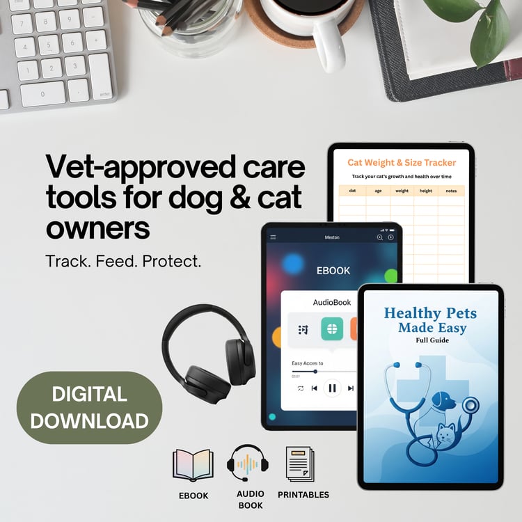 Promotional image for Healthy Pets Made Easy digital bundle, showing a veterinarian-themed layout with ebook cover, audio content icons, vaccination trackers, and first aid visuals designed for cat and dog owners seeking a complete pet care guide.
