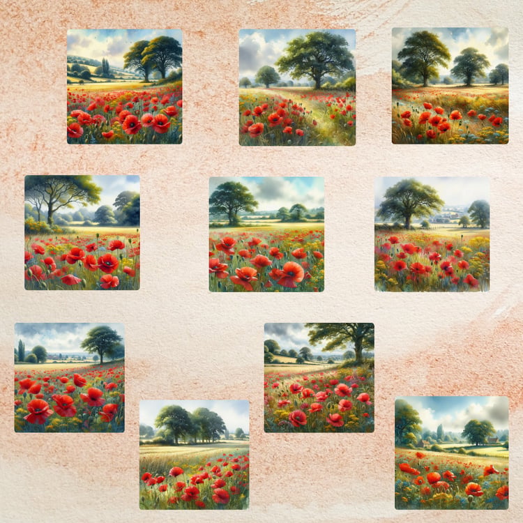 Poppy field landscape  Rural scenery with poppies  Countryside nature painting  Vibrant red poppies in a meadow  Tranquil countryside view  Sunlit meadow with flowers  Idyllic rural scene with trees  Wildflower field at sunrise  Golden hour countryside pa