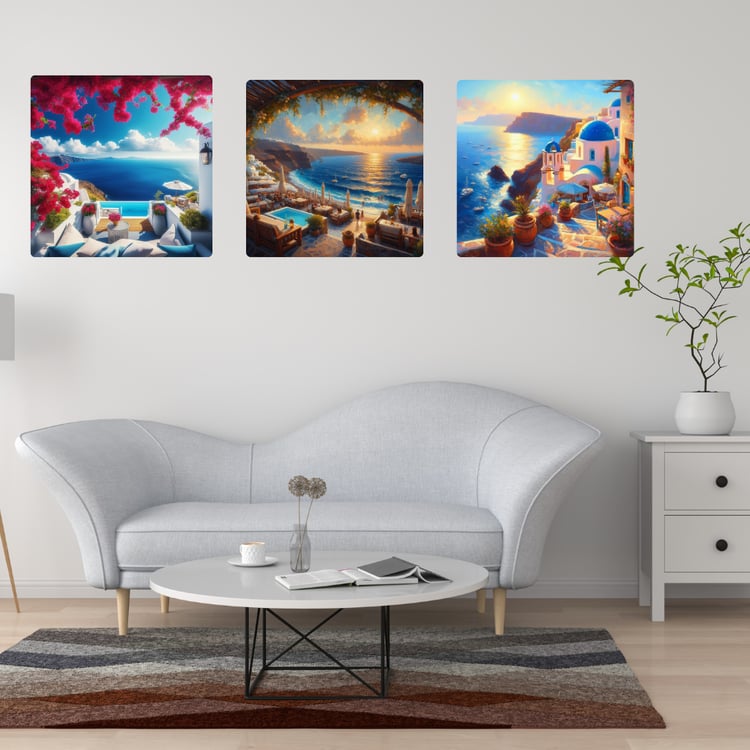 Santorini sea view painting  Blue dome houses Santorini  Mediterranean art scenery  Aegean Sea landscape painting  Santorini watercolor artwork  Greek island artistic image  Stunning coastal scenery Santorini  Whitewashed buildings Greece  Picturesque San