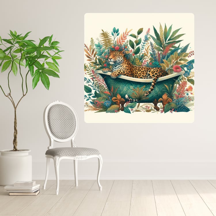 Cute leopard in bathtub  Funny big cat illustration  Relaxing leopard painting  Whimsical animal artwork  Tropical bath scene art  Leopard and flowers digital print  Playful jungle cat cartoon  Exotic animal wall decor  Adorable wildlife-themed art  Fanta