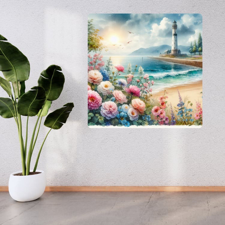 Coastal lighthouse scenery  Seaside floral landscape  Picturesque beach lighthouse  Ocean view with wildflowers  Tranquil coastal painting  Seaside nature art print  Lighthouse and waves illustration  Dreamy beach sunrise scene  Romantic coastal scenery  