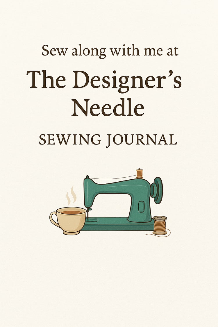 Front cover of “Sew Along With Me” Sewing Journal from The Designer’s Needle, featuring a vintage sewing machine, a teacup, and soft floral details—part of A Stitch In Time Series.