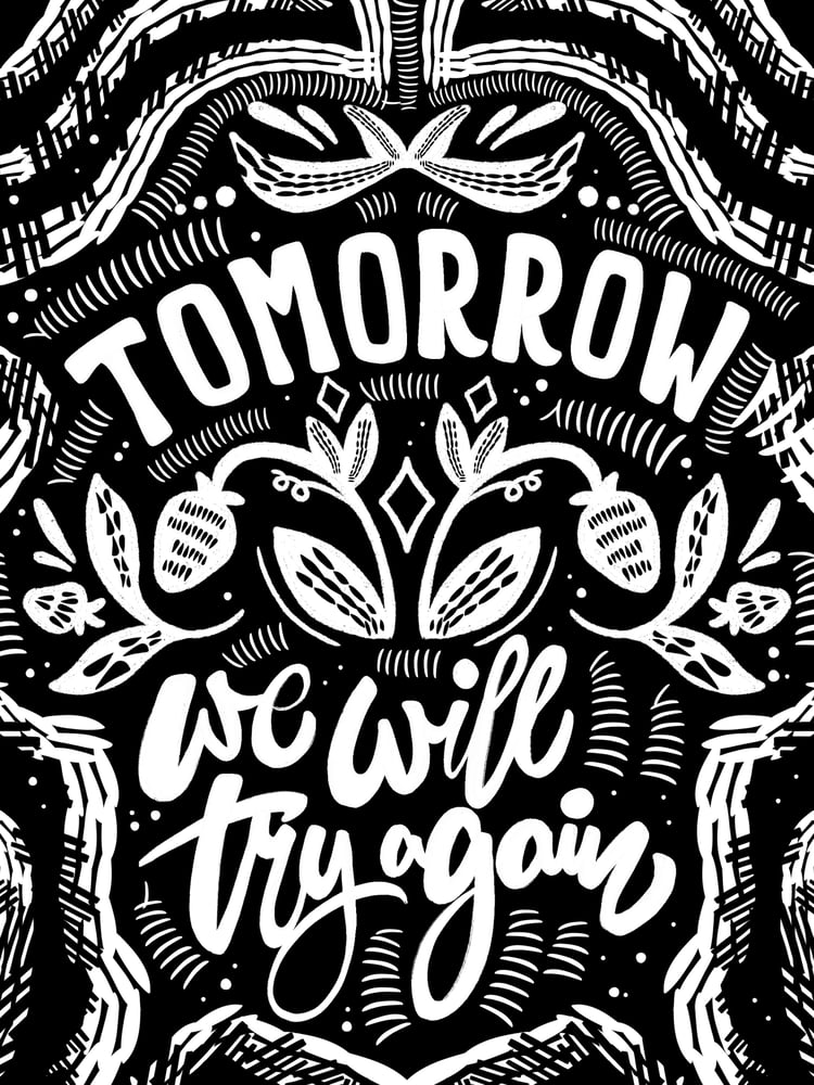 Tomorrow we will try again procreate lettering. Black and white linocut art with strawberry illustrations.
