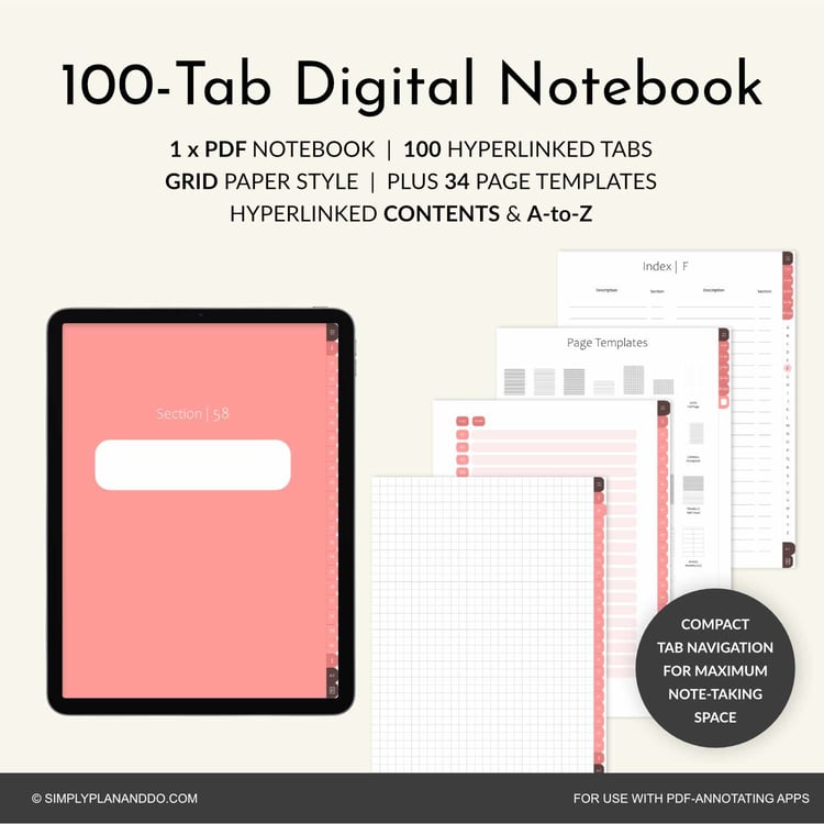 100-Tab Digital Notebook | Lined 'Paper' style | PDF with hyperlinked ...