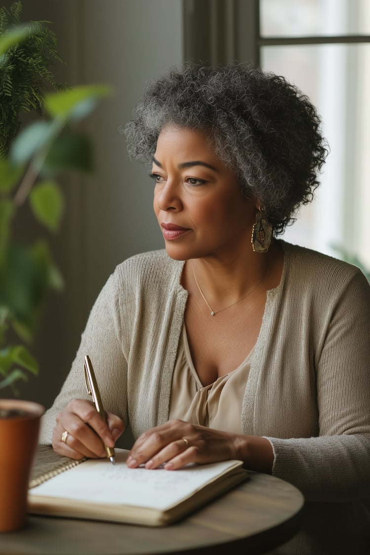 woman seated at a small table