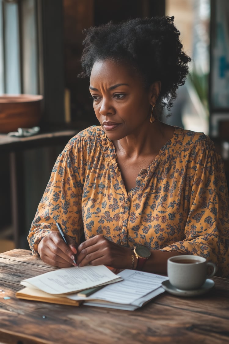 reflective woman pausing mid-thought