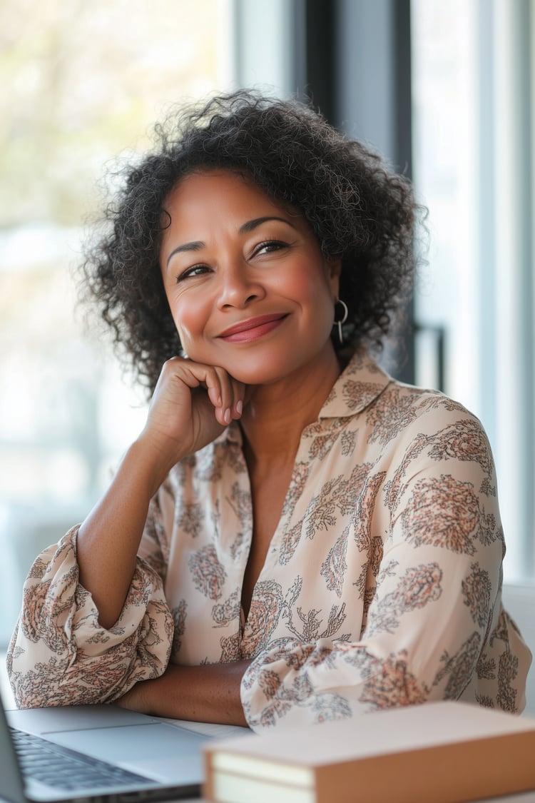 woman sitting in front of a laptop with a smile on her face