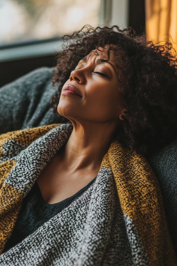 fatigued woman resting on a couch