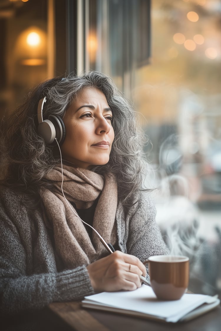 woman listening to headphones while sitting near a window