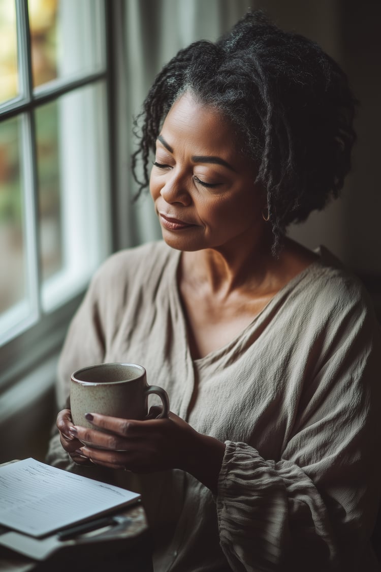 woman sitting near a window in contemplation