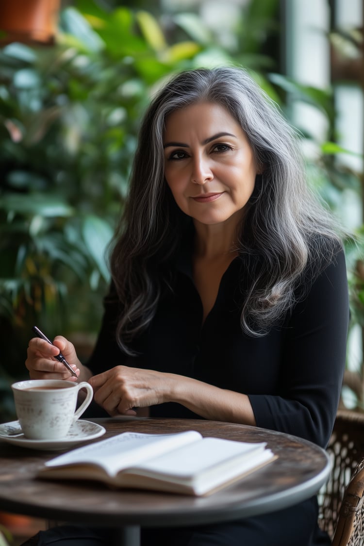 woman sitting at a table with quiet engagement