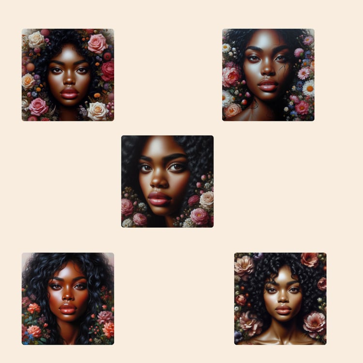 frican-American girl portrait  Beautiful Afro hair  Floral hair adornment  Sparkling glowing skin  Modern African beauty  Natural beauty photography  Radiant complexion portrait  Elegant floral hairstyle  Expressive gaze portrait  Vibrant floral elements 