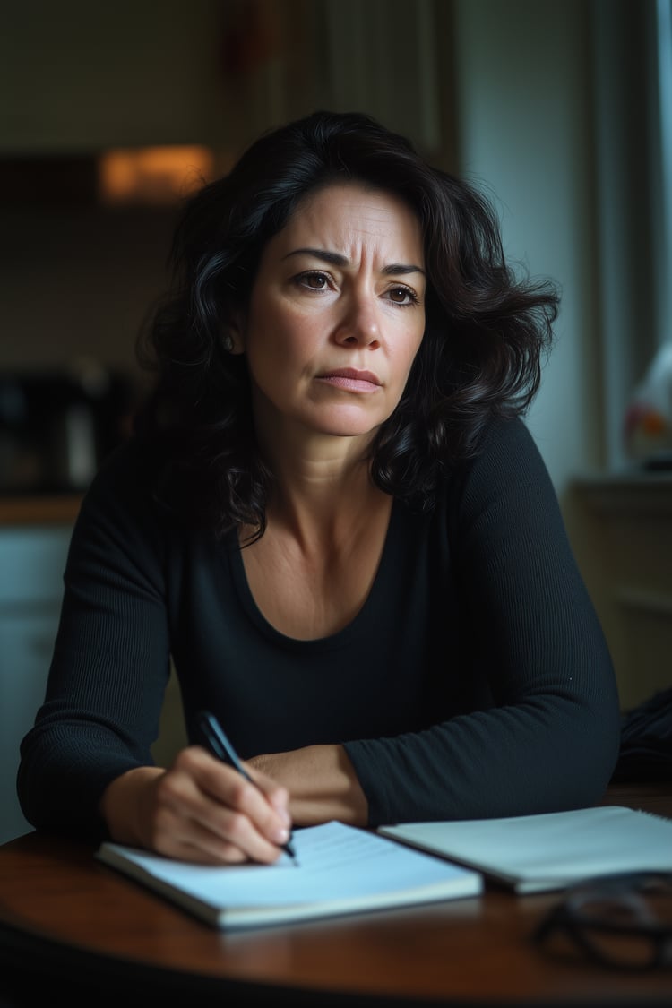weary woman seated at a kitchen table