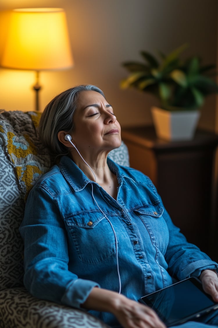 woman sitting in a chair with earbuds
