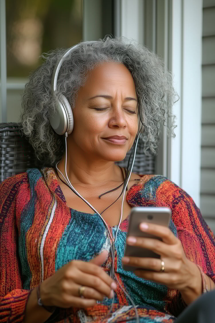 woman listening to audiobook on her phone