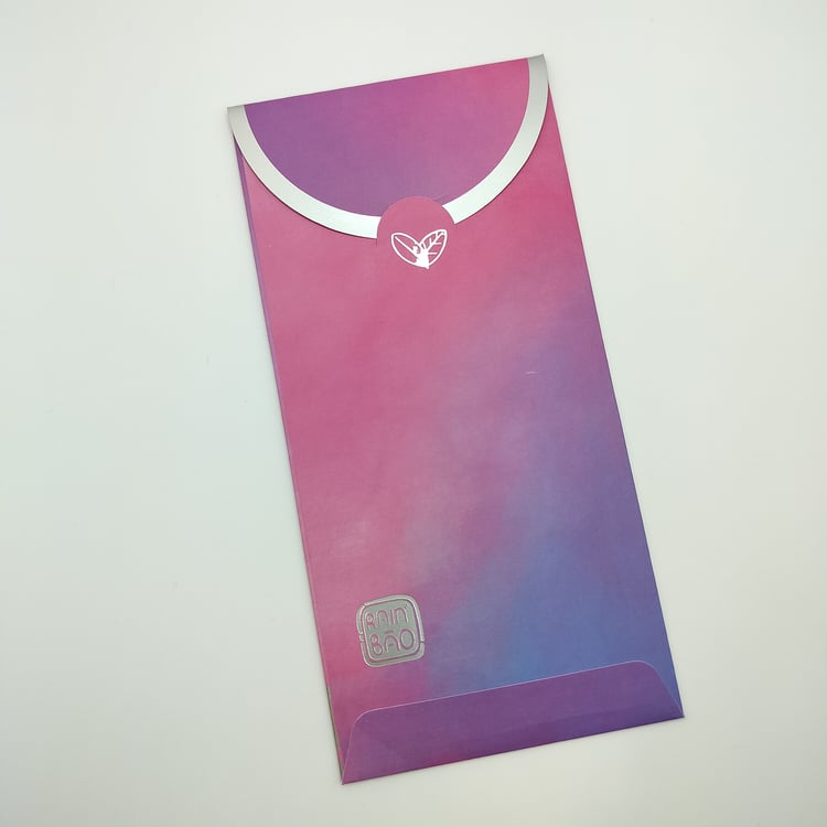 Back of a single pink-to-purple gradient hongbao with silver trim and a logo on the bottom left.