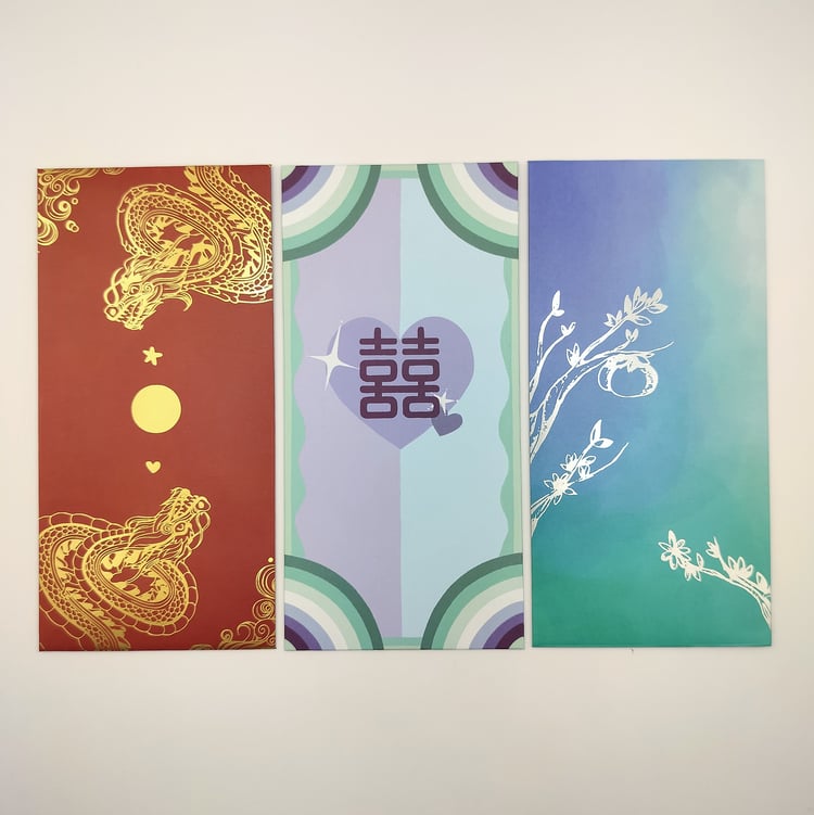 Three hongbao - a red envelope with gold dragon design, a pastel rainbow envelope with blue double happiness heart, and a blue-to-teal gradient envelope with silver botanical foil illustrations.