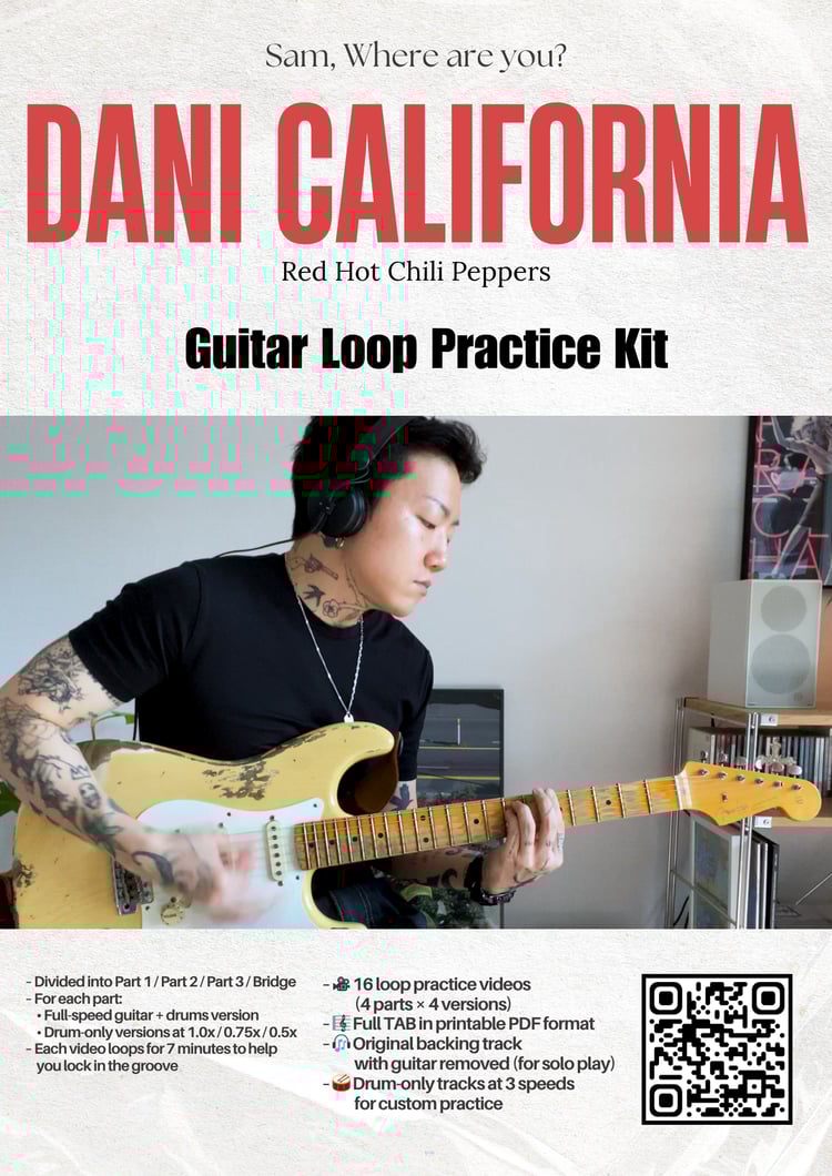 Dani California guitar practice kit poster showing loop videos, TABs, and backing tracks