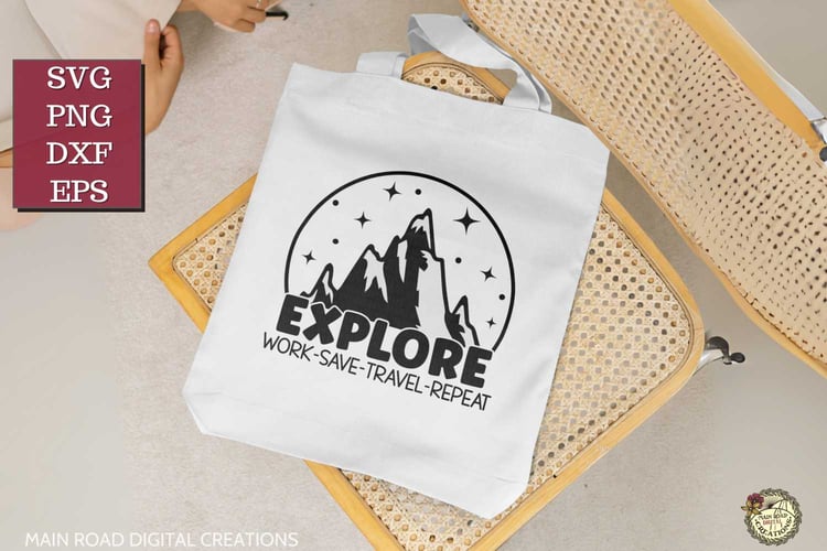 Explore SVG design with mountain and stars, applied to a white tote bag—ideal for Cricut HTV or sublimation travel-themed DIY projects and outdoor lovers
