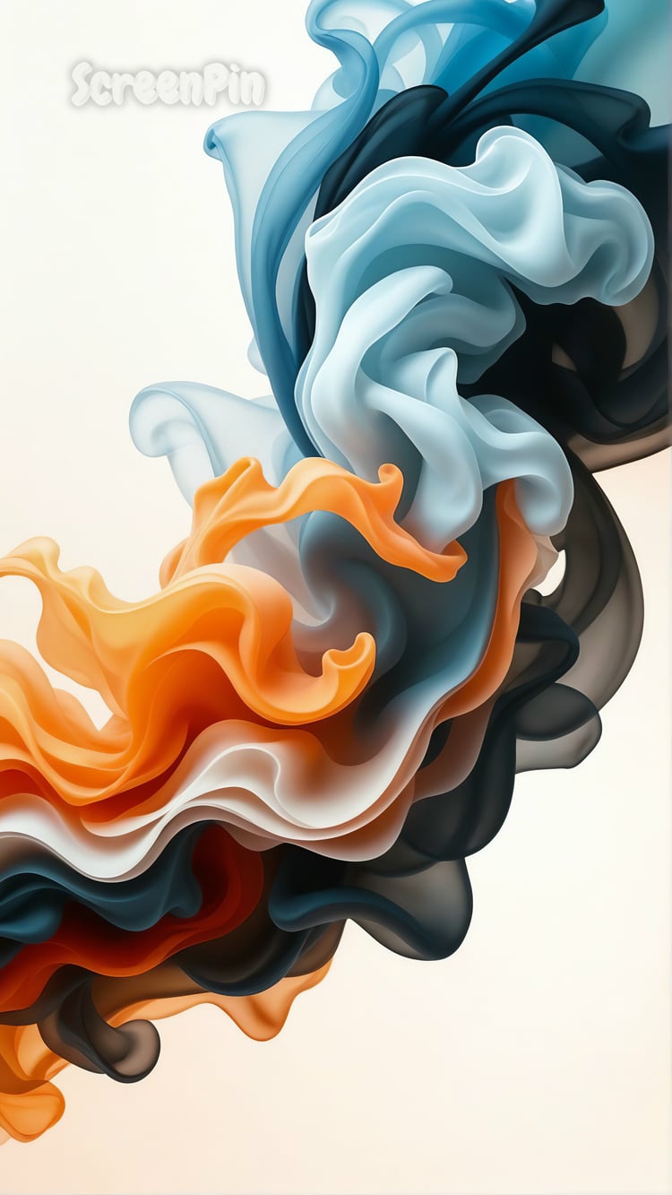 Abstract colored ink clouds swirling in liquid, forming ribbon-like shapes in white, gray, orange, and blue
