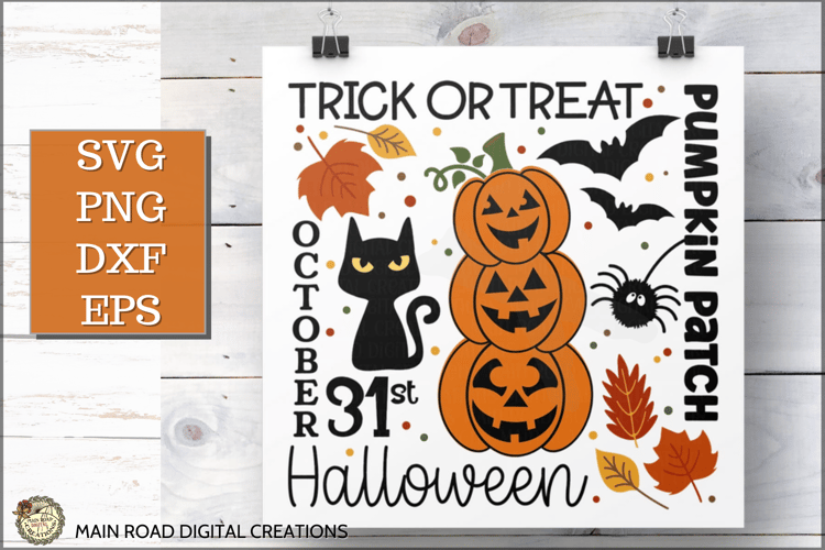 Halloween SVG with pumpkins and black cat, displayed as printable wall art for Cricut and DIY crafts