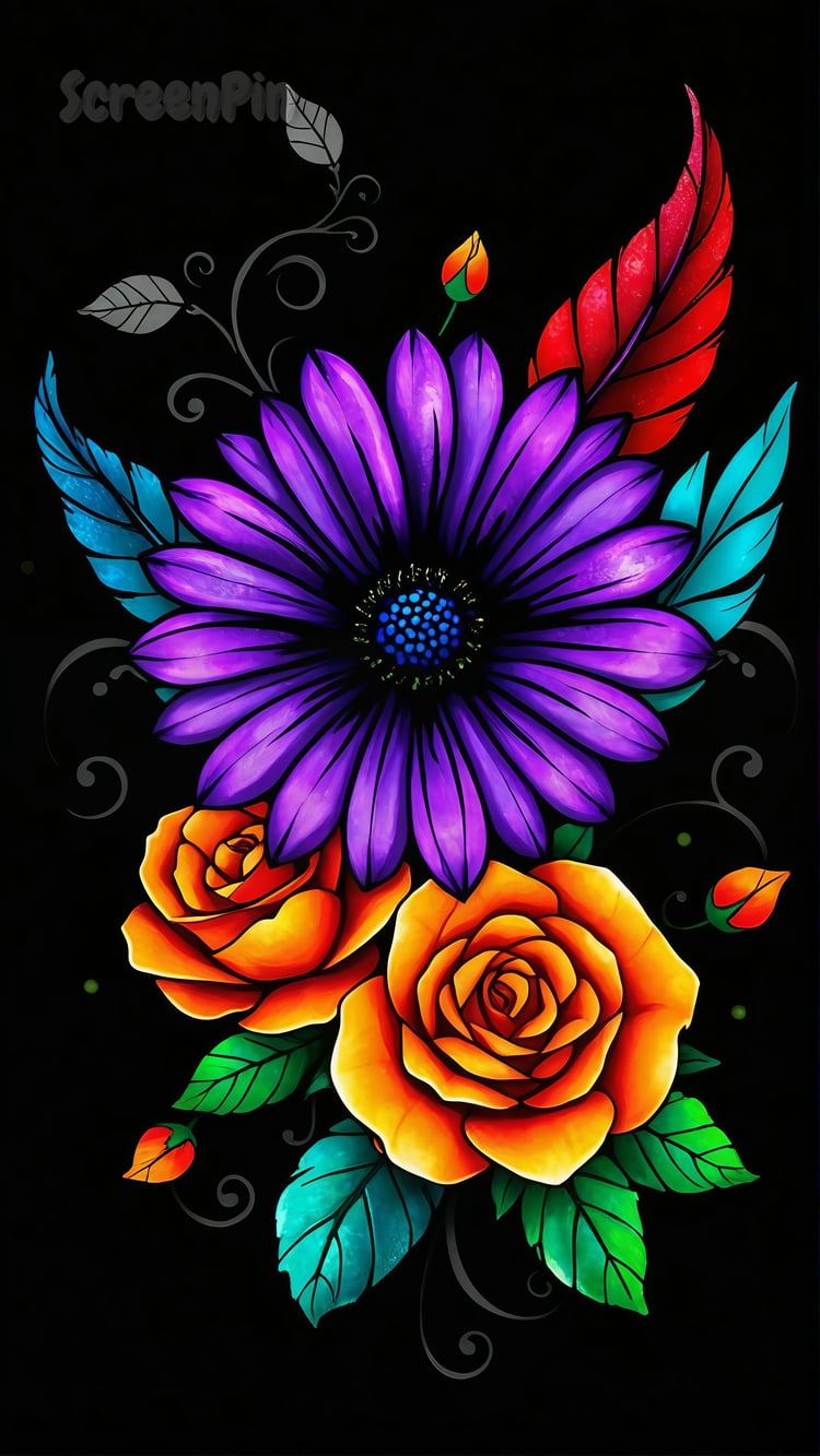 Stylized floral artwork with a purple daisy, turquoise feathers, orange rose, and gray swirls on black background
