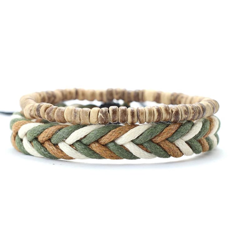 Handmade 2-piece mens bracelet set: features a natural light brown wood rondelle bead bracelet and a wide flat-braided hemp cord bracelet in olive green, off-white, and tan. Both designed with adjustable macrame closures for a comfortable fit.