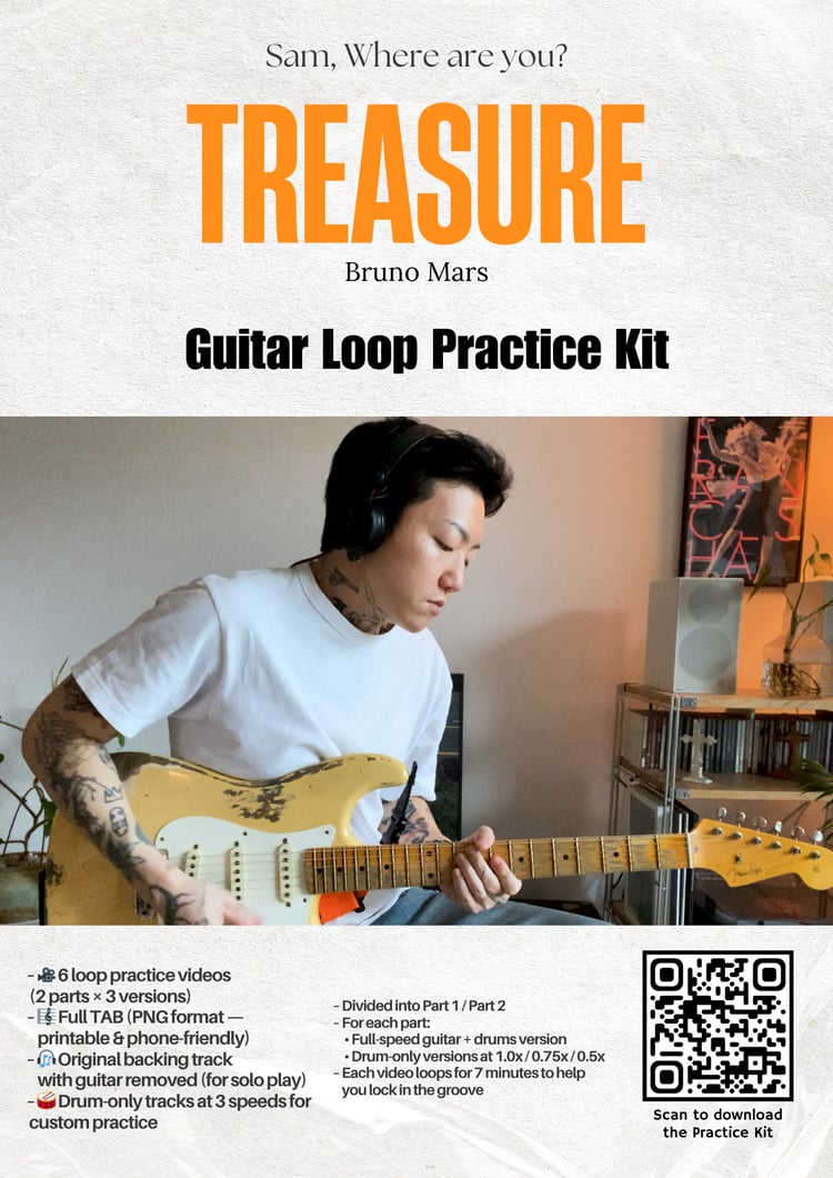 Treasure guitar practice kit poster showing loop videos, TABs, and backing tracks