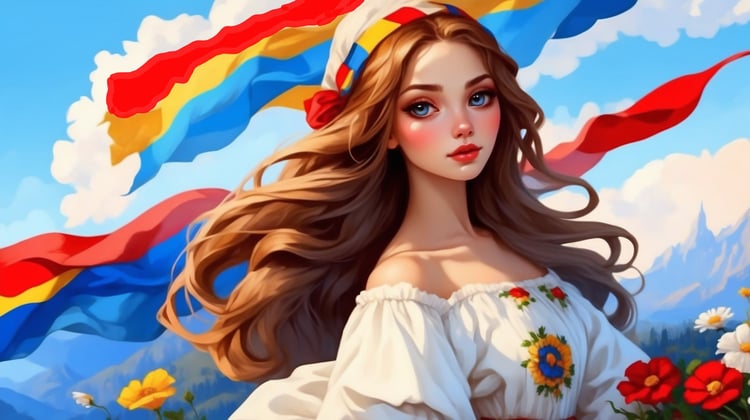 Romanian country woman wearing traditional cloths, with Romanian flag