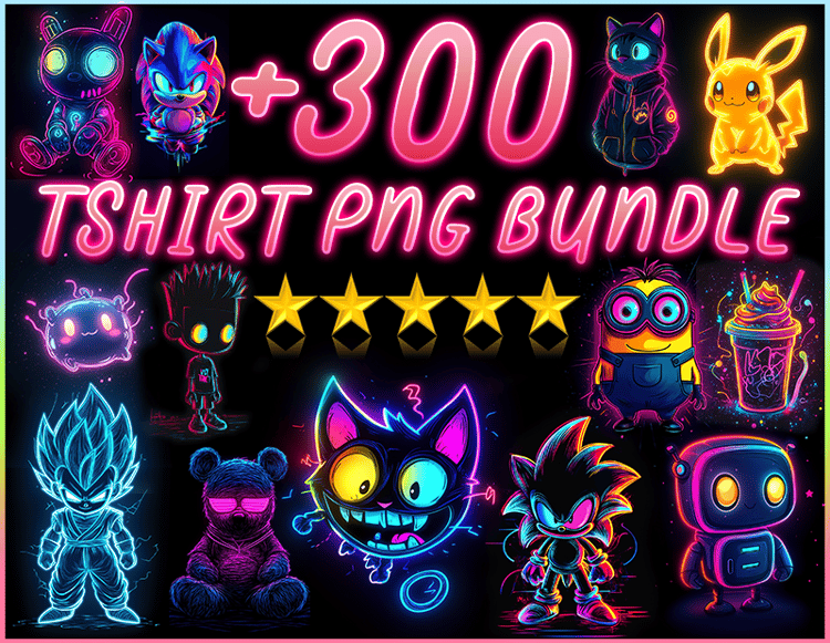 Paquete de más de 300 camisetas PNG con personajes de dibujos animados con brillo neón y diseños divertidos. Camisetas para hombre, mujer y niño dtf tshirt design vectors