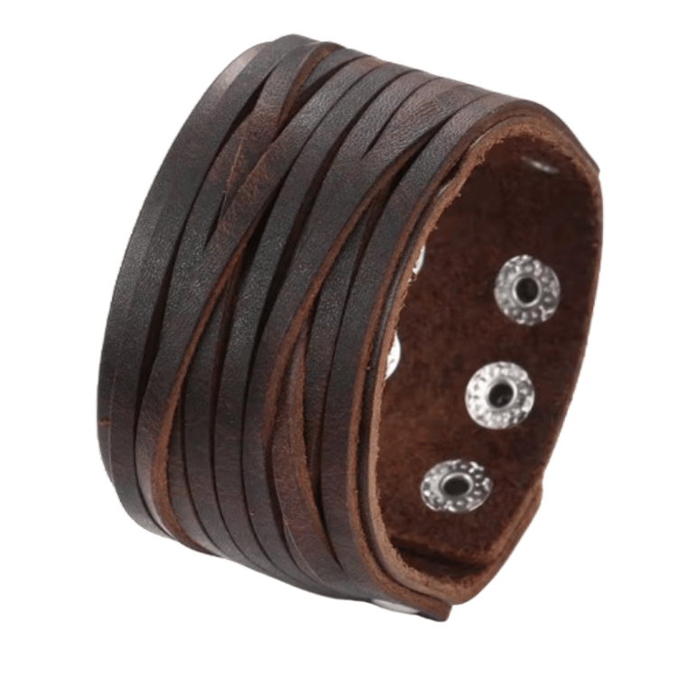 Dark brown genuine leather wide cuff bracelet, Woodland Gatherer style, featuring a thick band with intricately layered and crisscrossed leather straps, and three adjustable silver-tone snap closures. Mens rustic statement jewelry.
