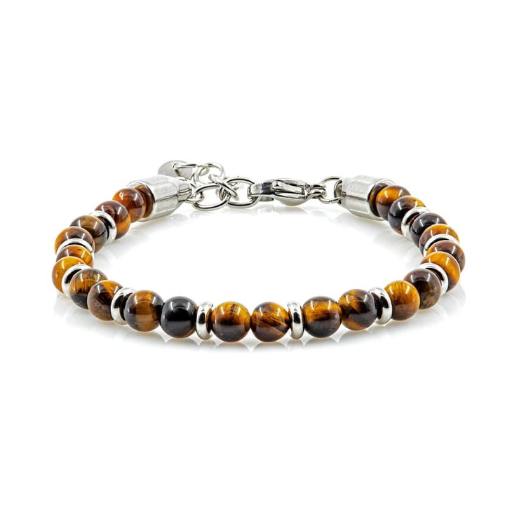 Polished 6mm natural Tiger Eye gemstone bead bracelet featuring golden-brown chatoyant stones, accented with silver-tone rondelle spacers, and secured with a lobster claw clasp and extender chain, possibly crafted from stainless steel or sterling silver. 