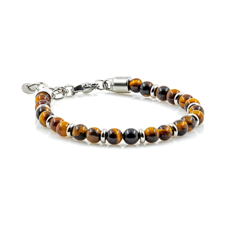 Polished 6mm natural Tiger Eye gemstone bead bracelet featuring golden-brown chatoyant stones, accented with silver-tone rondelle spacers, and secured with a lobster claw clasp and extender chain, possibly crafted from stainless steel or sterling silver. 