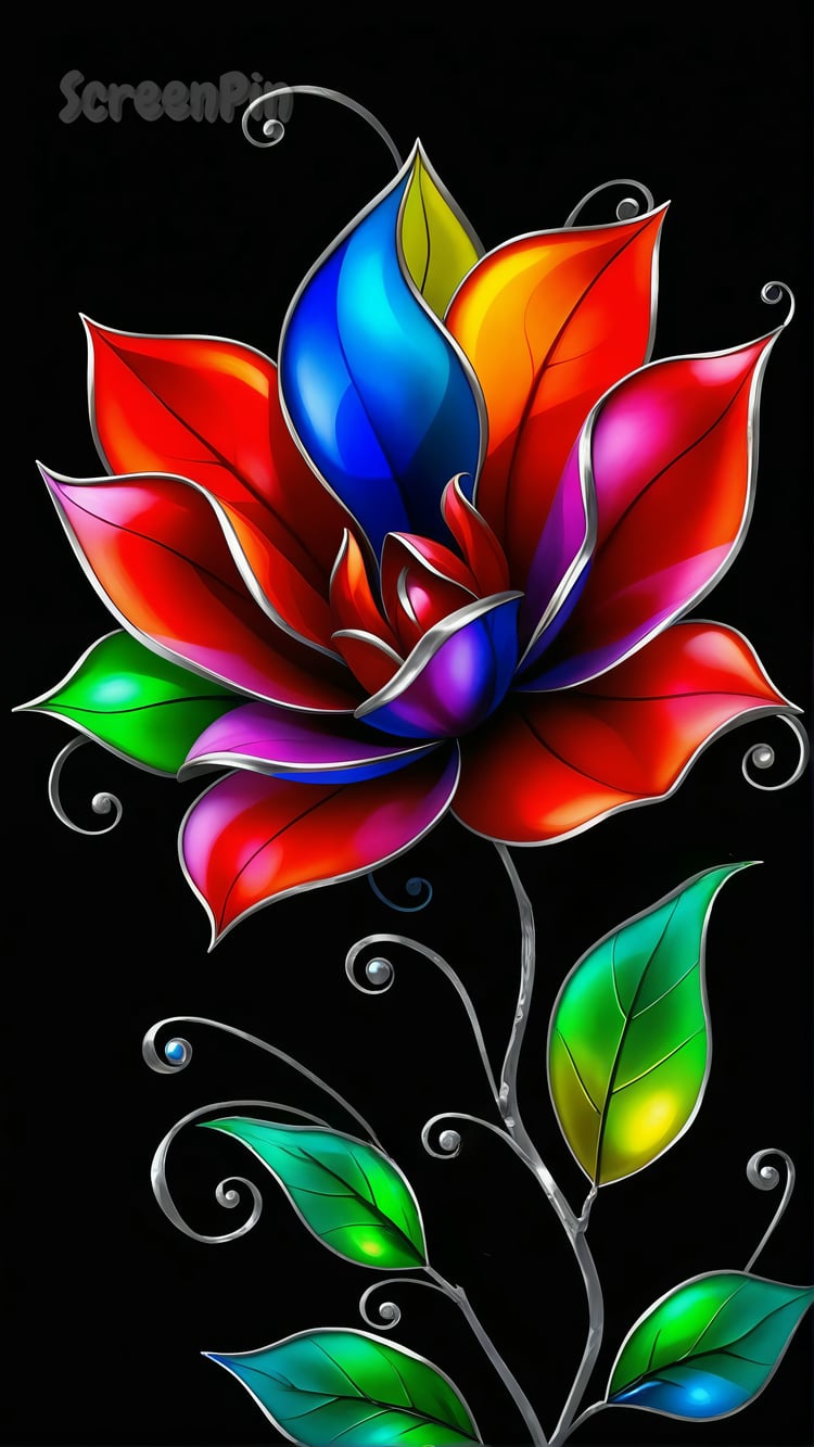 Multicolored abstract flower with silver swirls on deep black background in digital style