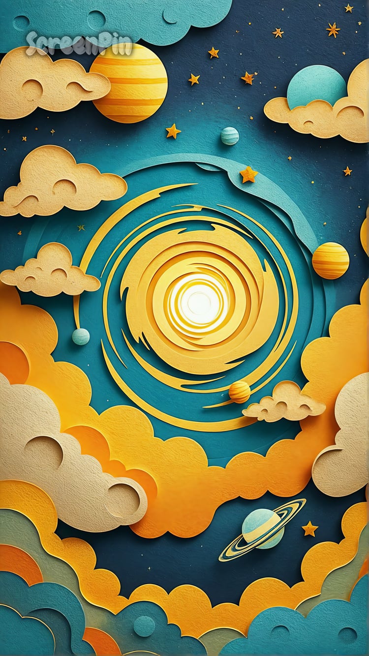 Whimsical cosmic galaxy in paper cut-out style with clouds, stars, and planets in teal and gold tones