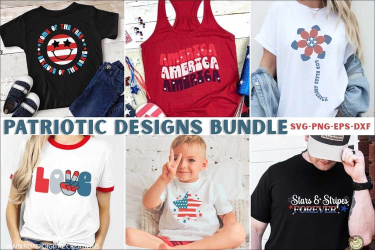 Patriotic SVG bundle preview with six USA shirt designs for Cricut and Silhouette crafts