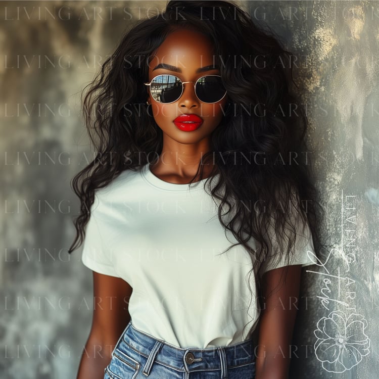 Black women casual glam white t-shirt stock photo