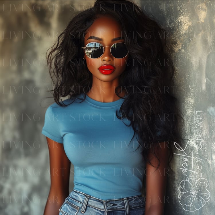 Black woman wearing fitted baby blue tshirt with dark subglasses, balck women mockup photos