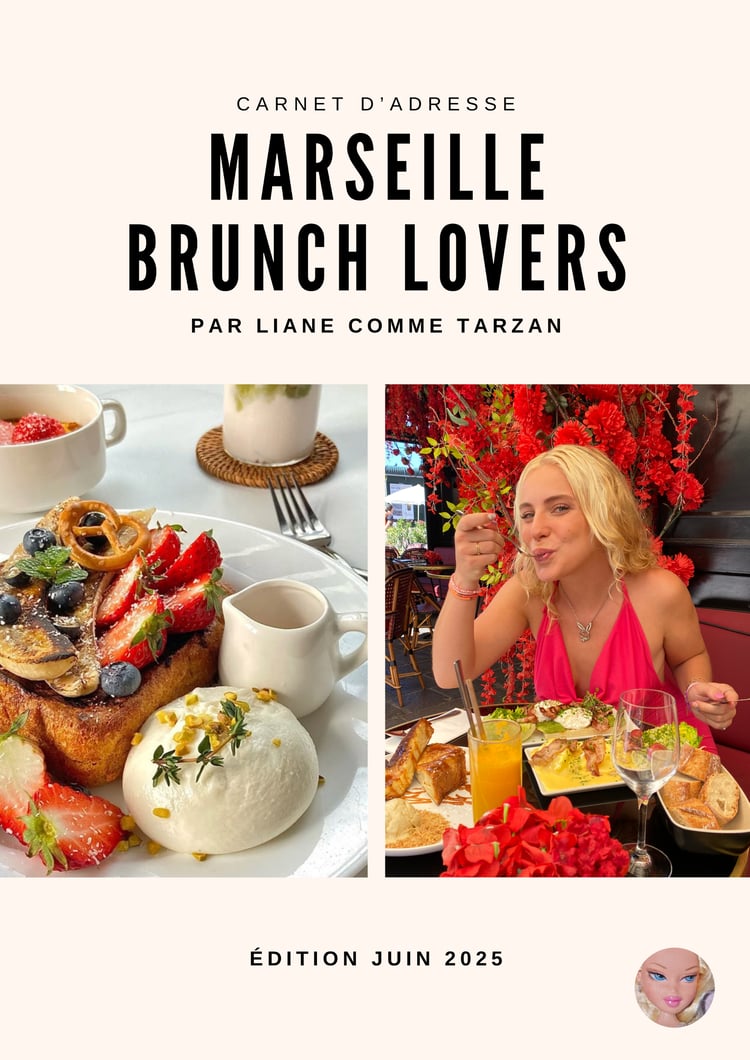 Couverture du guide Marseille Brunch Lovers — adresses de brunch, coffee shops, lieux gourmands à Marseille — guide numérique à télécharger. Couverture du guide numérique Marseille Brunch Lovers — assiette de brunch gourmand avec brioche perdue, fruits ro