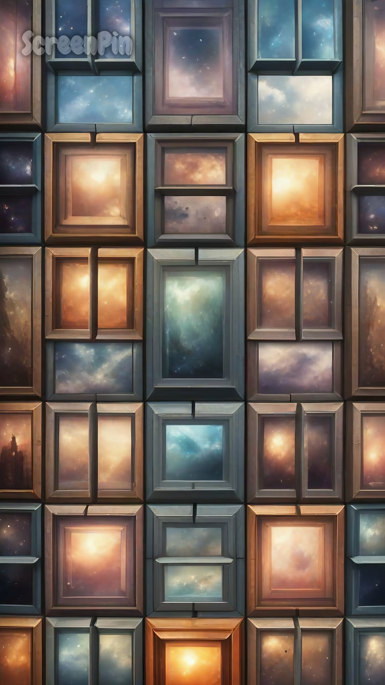 Digital artwork of glowing magical windows opening into surreal dreamlike dimensions