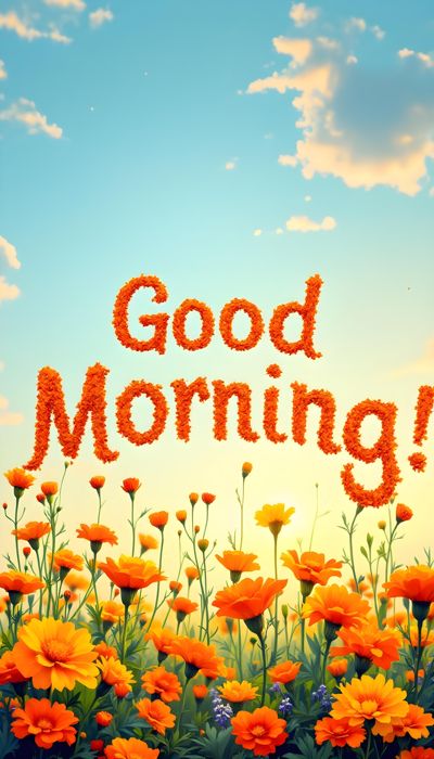 Creative Good Morning Typography with surrounded by flowers garden during the morning | Ai Generated