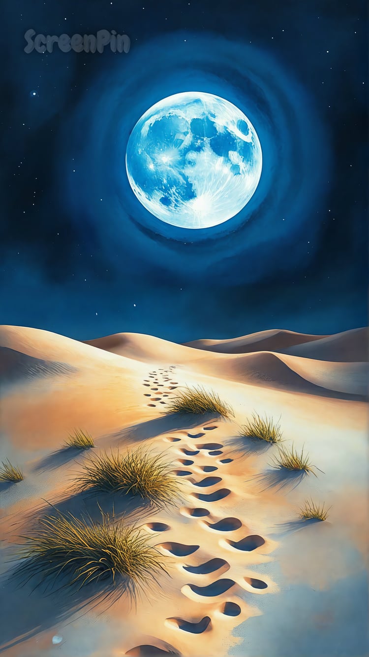 Desert path winding through dunes under a glowing blue moon in a surreal night digital landscape