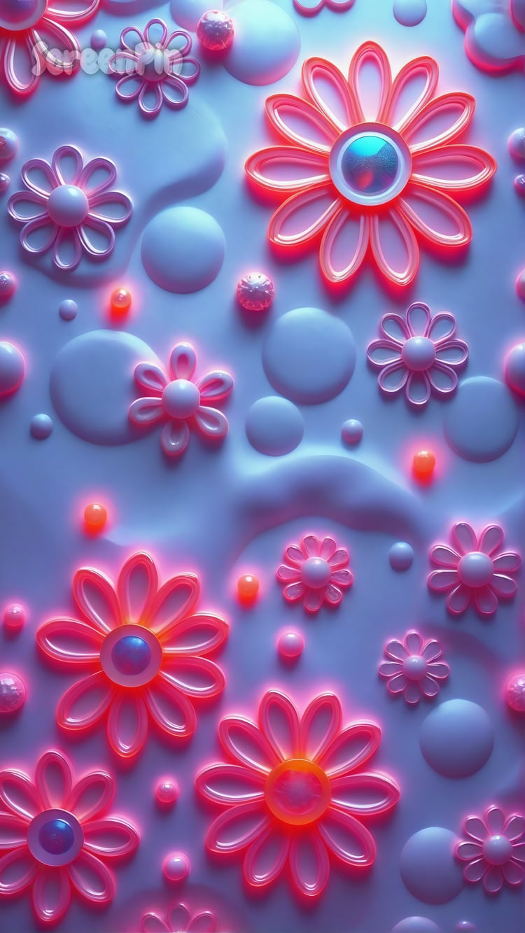 Digital 3D artwork with radial floral shapes, glowing neon circles, and metallic spheres on a textured surface