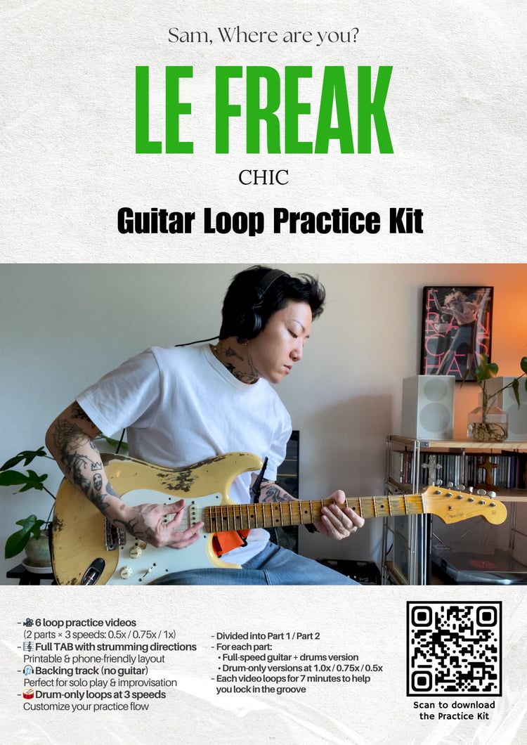 Le Freak guitar practice kit poster showing loop videos, TABs, and backing tracks