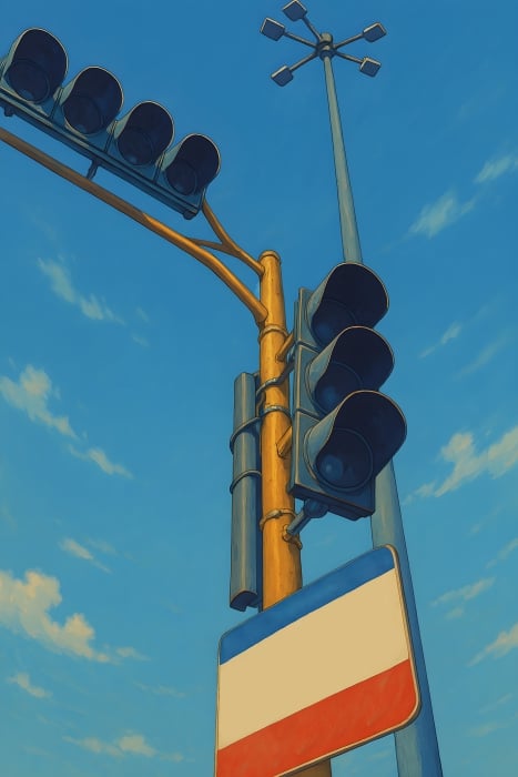 City traffic signal in studio Ghibli style art illustration