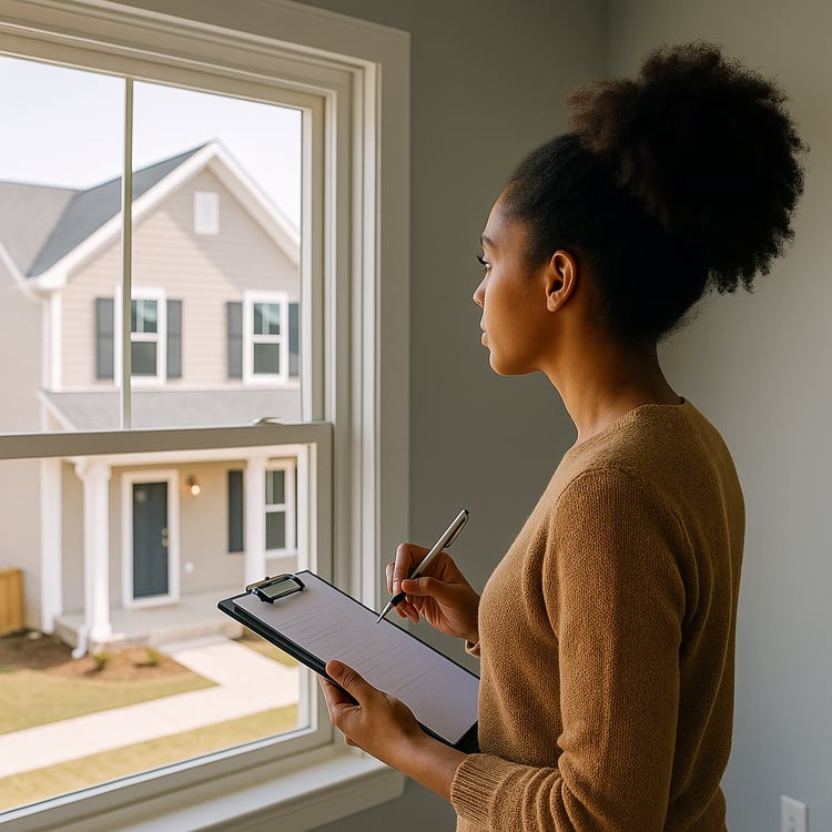 woman viewing a potential rental property, representing long-term real estate investment and first-time property analysis.