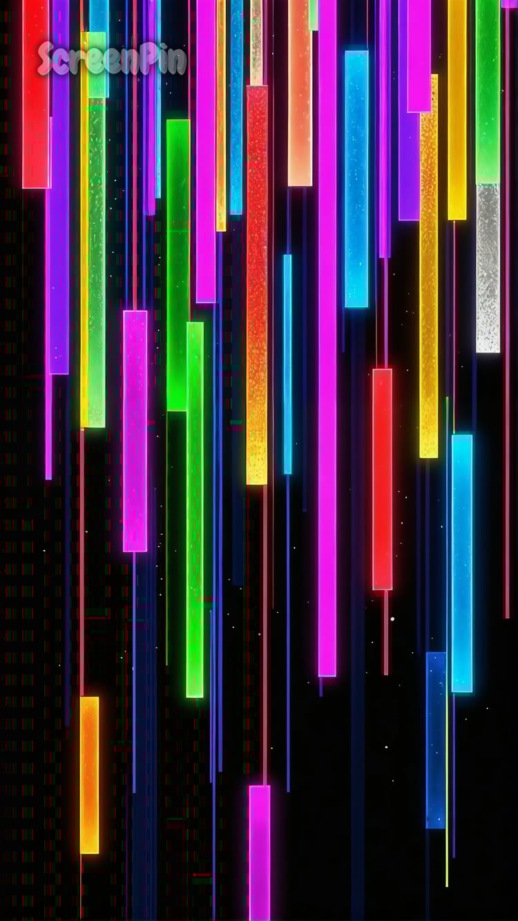Multicolored flowing bars on black background in a dynamic digital abstract style