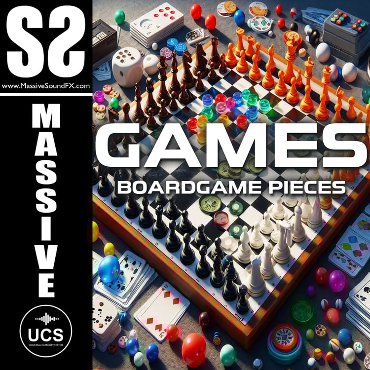 MASSIVE GAMES - 195 files of board-game sound effects, at varying distances and intensities. From chess and checkers pieces being played to dice being thrown and jostled to cards and puzzle pieces being handled. Massive Games comes in at over 25 minutes,