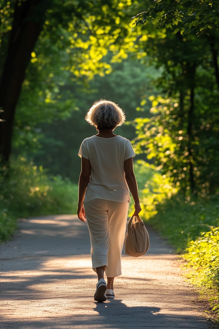 woman walking a garden path